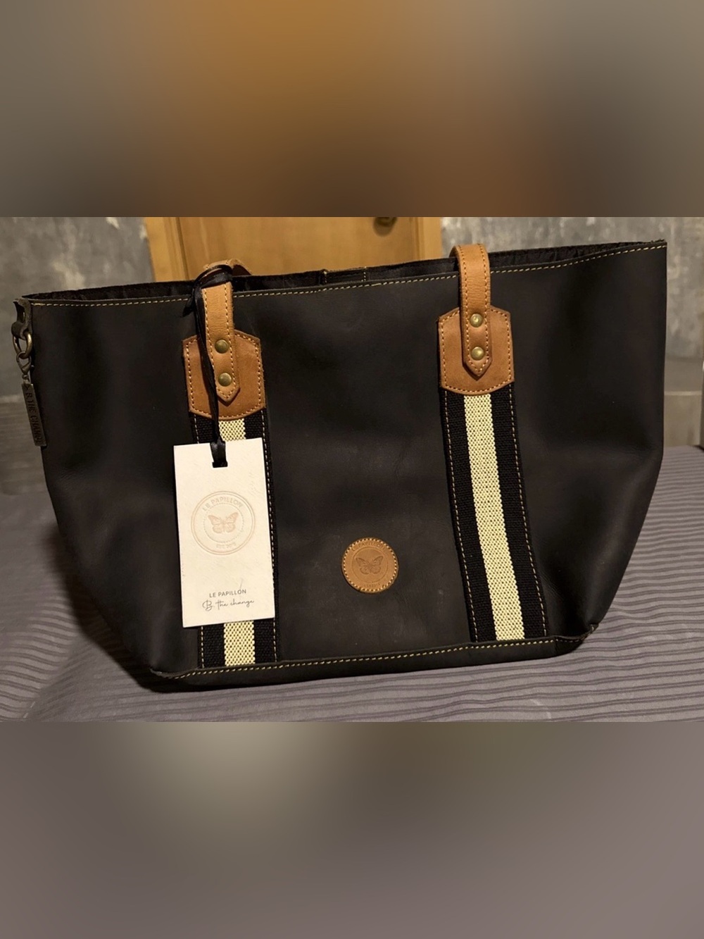 NWT Le Papillon Black Leather Tote Bag - Women’s Shoulder Handbag Purse Gift